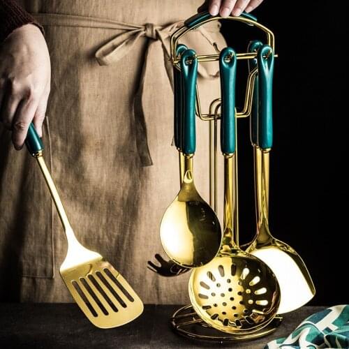 Nordic Stainless Steel Cookware Kitchenware Sets Kitchen Tools Ceramic Handle Hook Up Storage Luxury Metal Shovel Spoon Gold