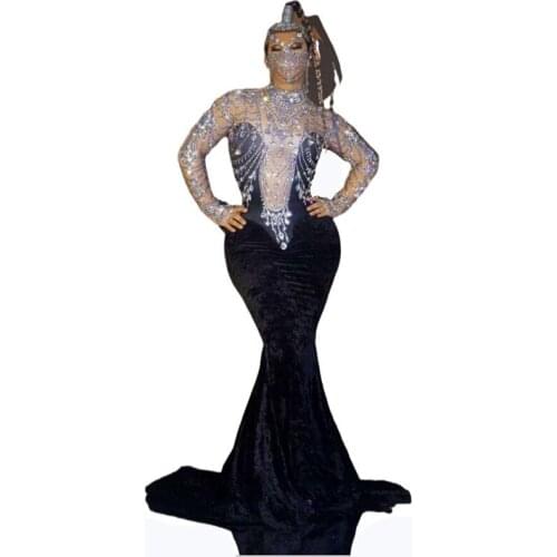 New Women Sexy Black Velvet Big Sleeves Long Dress Set Birthday Celebrate Dance Outfit Singer Evening Shiny Rhinestone Dress