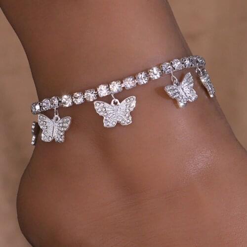 Stonefans New Fashion Butterfly Rhinestone Anklet Chain for Women Summer Beach Butterfly Tennis Chain Anklet Barefoot Jewelry