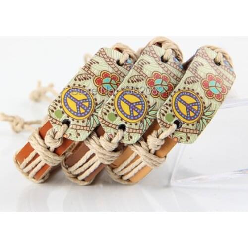 Wholesale 12PCS Handmade Peace Sign Leather Bracelets Flower Print Adjustable Bracelets MB51