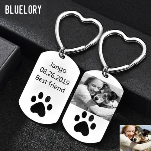 Bluelory Personalized Dog Tag Engrave Photo Name Keychains For Pets Stainless Steel Custom Jewelry Pet Lover Gifts