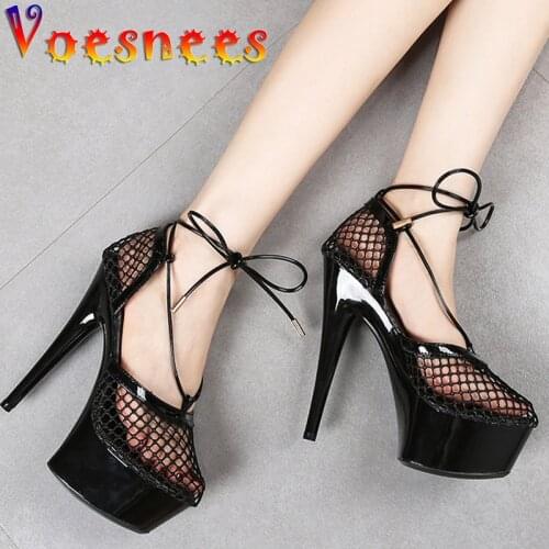 15CM Sexy Hollow Mesh Sandals Lace-Up Women Shoes Thin High Heel Female Sandals Waterproof Platform Steel Pipe Model Show Shoes