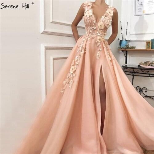 Peach Deep-V A-Line Sexy Prom Dresses Diamonds Handmade Flowers Tulle Ball Gown 2020 Serene Hill BLA60867