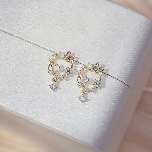 14k Real Gold Fshion Simple Gemstone Wreath Earring for Girl AAA Zirconia Temperament Stud Earrings Wedding Jewelry Pendant