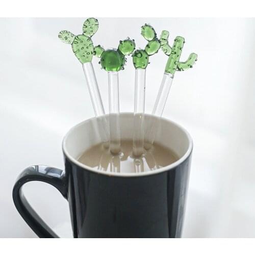 Glass Cactus Stir Stick Creative Design Diversity Reusable Glass Stirring Stick Rod for Coffee Cocktail Juice Drinks