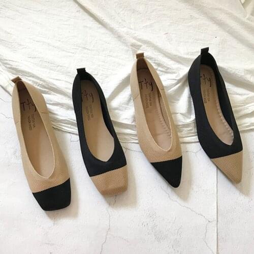 New Ladies Shoes Breathable Knitted V Square/pointed Toe Moccasins Thick Heels Mixed Color Flat Loafers Stretch Shoes Women 2021