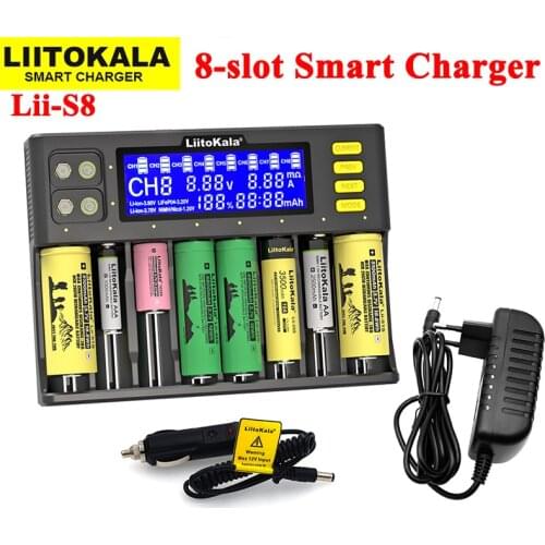 2021 LiitoKala Lii-S8 Battery Charger Li-ion 3.7V NiMH 1.2V Li-FePO4 3.2V IMR 3.8V Charger for 18650 26650 21700 26700 AA AAA