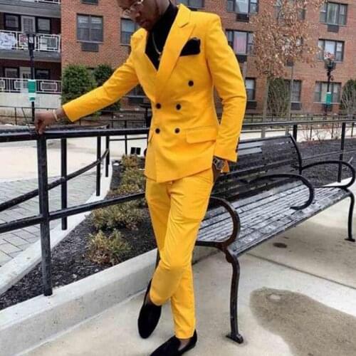Yellow Double Breasted Wedding Suits For Men Slim Fit Two Pieces Groom Tuxedos Peaked Lapel Custom Male Fashion Costume 2021
