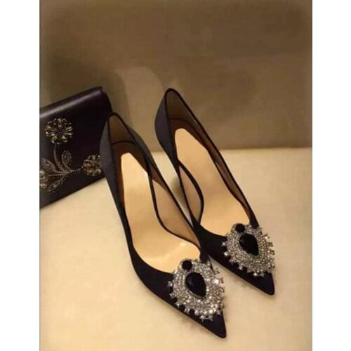 Luxury Stone Button Women Fashion Satin Pumps Sexy Pointy Toe Ladies Slip On High Heels 2018 Hot Crystal Party Stiletto Size 41