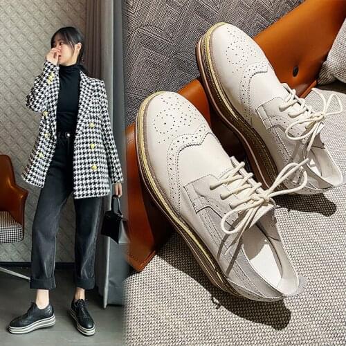 Women Casual Genuine Leather Shoes 2021 New Fashion Versatile British Thick-soled Lace-up Shoes Female Anti-slip Derby Shoes