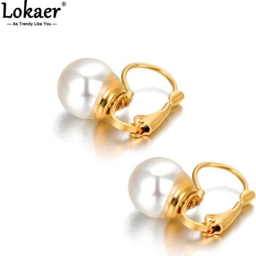 Lokaer Titanium Stainless Steel Office Style White Pearl Party Earrings For Women Trendy Wedding Earrings Jewelry Серьги E21023