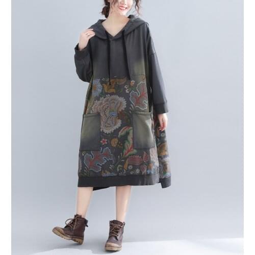 Women Printed Plus Size Hooded Dress Ladies Loose Flower Print Washed Winter Dresses Big Size Female Hooded Dresses 2019