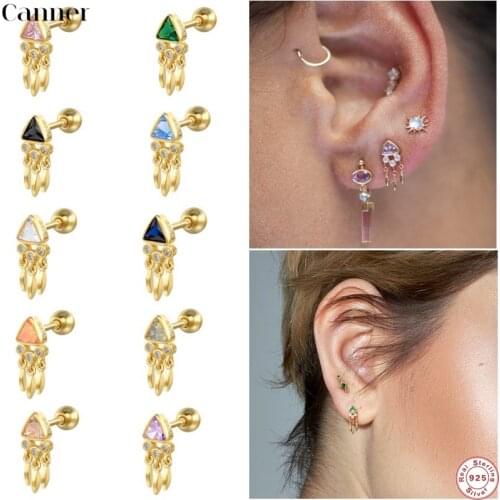 CANNER 925 Sterling Silver Jewerly Tassel Earrings Cute INS Zircon Mini Stud Earring For Women Ear Bone earlobe piercing Buckle
