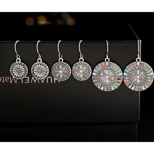 Ethnic Womens Round Bohemian Earrings Colorful Flower Alloy Gypsy Tibetan Indian Jewelry Earrings Oorbellen Hangers