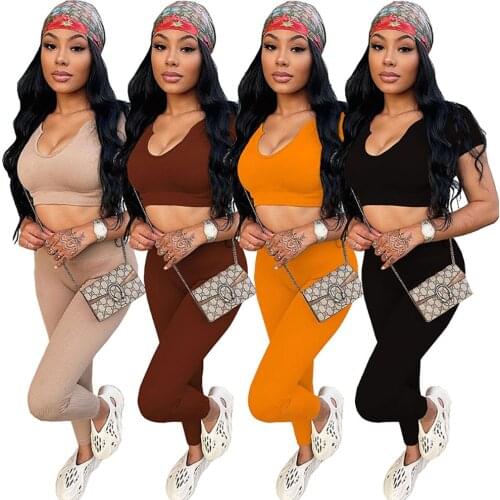 Echoine Short Sleeve V-neck Crop Top Tshirt Legging Pants Set Skinny Jogger Suit Tracksuit Women Two Piece Set Yoga Suit Summer