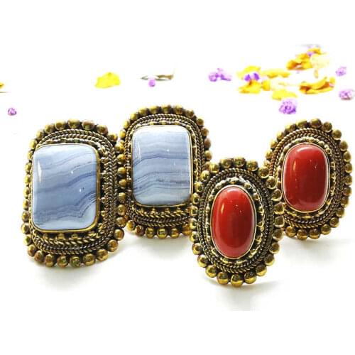 Brass inlaid Natural Agate Big Golden Ring Vintage Red Lampwork Rings Tibetan Jewelry R031