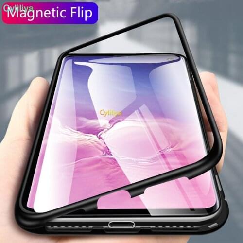 300pcs For Samsung S0e S10 S10 Plus Magnetic Case Adsorption Metal Bumper Tempered Glass Back Cover Case