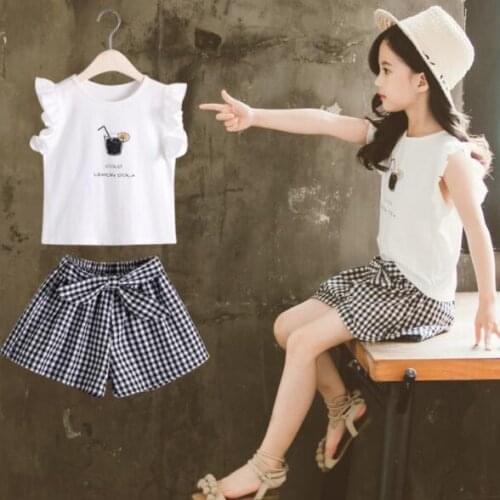 Fashion 2PCS Children Clothes Sets for Girls Summer Kids Clothes 4 6 8 10 12 Years Baby Girls Flying Sleeve tops + Shorts Suit