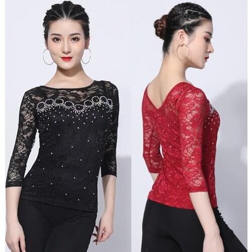 New Ballroom Dance Tops Women Lace Sleeves Latin Costume Shiny Rhinestone Ballroom Competition Wear Latin Practice Wear VDB1966