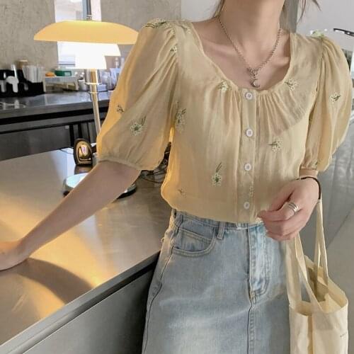 New Temperament Embroidered Puff Sleeve Cardigan Summer Super Fairy Sunscreen Cardigan Floral Thin Chiffon Top
