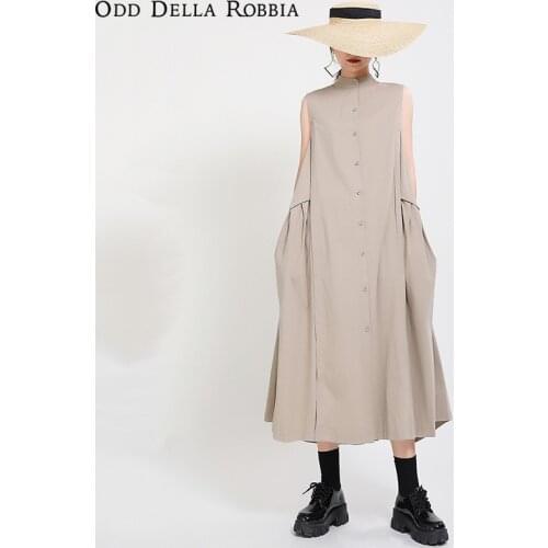 OddDellaRobbia Summer 2021 Women Japanese Cotton Linen Loose Stand-Up Collar Vest Skirt Long Sleeveless Pleated Work Dress 1582
