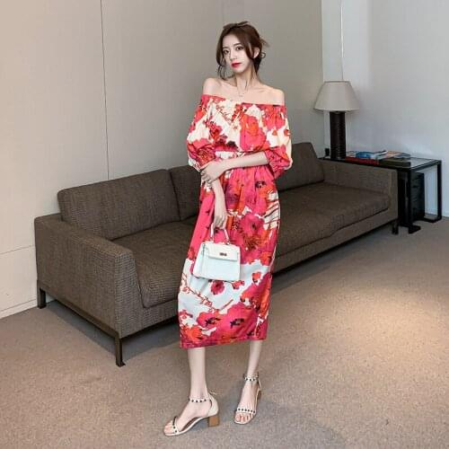 2021New Retro printing Women Off shoulder Dresses Women Sexy seaside Vacation Dress midi Dress Fashion Female Vestido