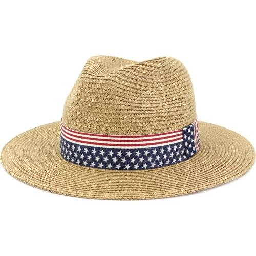 QBHAT Summer Paper Straw Wide Brim Sun Hats Men Women British Style Jazz Fedora Beach Hat Cowboy Sunhat with US Flag Ribbon