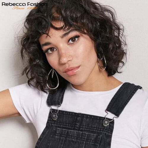 Rebecca Fashion Short Wig Loose Curly Hair Wig For Women Peruvian Remy Full Wig With Bangs Bouncy Curl Red Black Cosplay Wig Wig