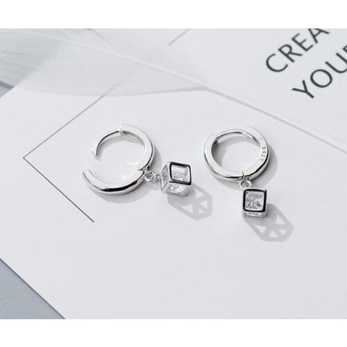 Crystal into the Square Cube ear Hoop Huggie earrings 100% Real. Sterling Silver 925 Fine Jewelry gtle1743