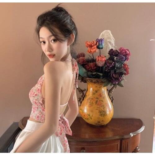 Pink Floral halterneck camisole Spaghetti Strap Top Women Backless Women Summer Crop Tops y2k top bandage halter short vest