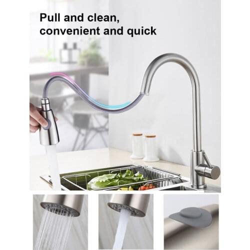 Pull Out Kitchen Faucet Silver Brushed Sink Water Tap Single Hole Handle Mixer Tap 360 Rotation Faucet
