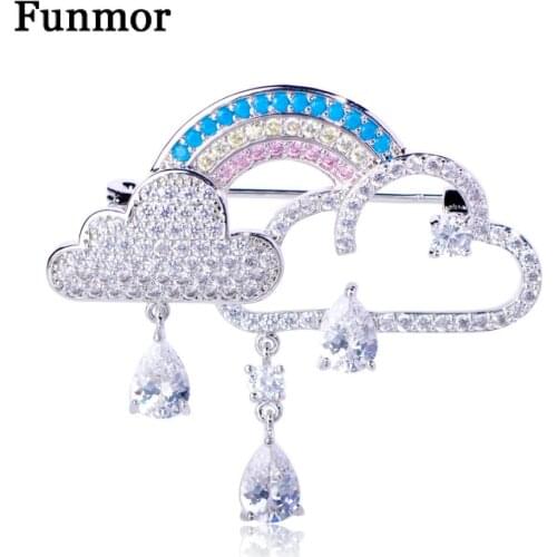 FUNMOR Exquisite Full Zircon Cloud Rainbow Shape Brooch Silver Color Pendant Brooches For Women Girls Fine Copper Jewelry Gifts
