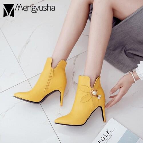 Pointed Toe thin high heel chelsea boot pearls zapatos mujer flower zipper plush short botas leather shoes women winter footwear