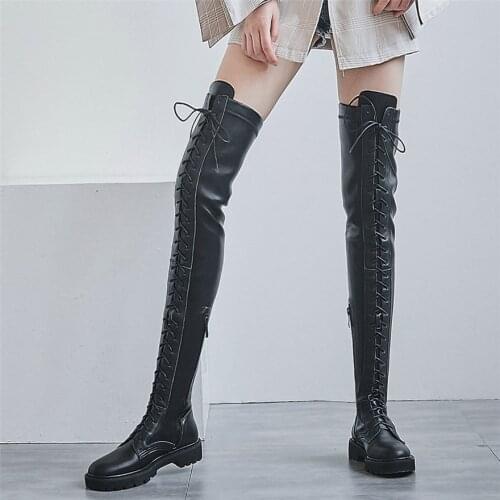 2020 Fashion Sneakers Women Stretchy Over The Knee High Military Boots Female Lace Up Straps Round Toe Platform Oxfords Shoes