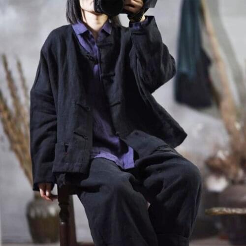 Women Linen Retro Short Jackets Ladies Vintage Spring 2020 Coat Female Single Breasted Solod Color Simple Outerwear Tops