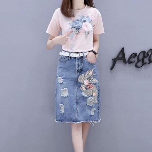 Women 2020 Summer Set High Waist Ripped Denim Skirt Set Female Fashion Suit New Retro Beaded Short Sleeve T-shirt Two Piece Y189