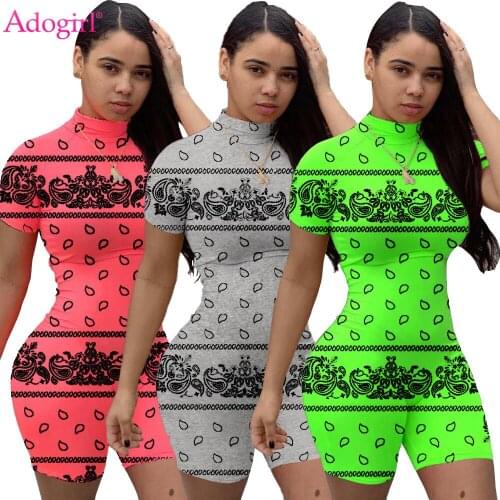 Adogirl Women Casual Print Jumpsuit Mock Neck Short Sleeve Fashion Bodycon Romper Skinny Playsuit Summer Daily Outdoor Onesies