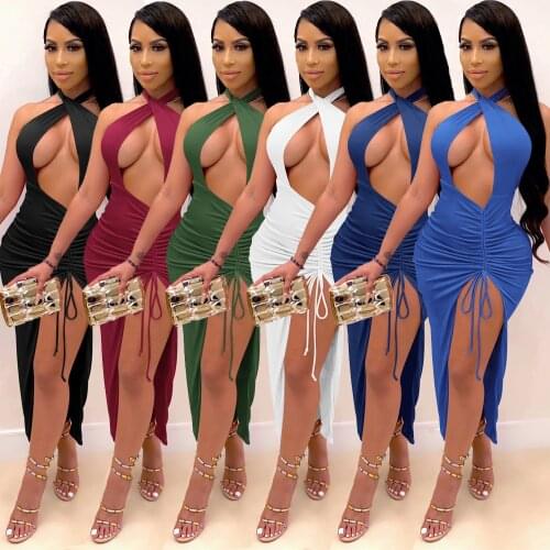 Women Sexy Front Cross Halter Backless Maxi Dress Irregular Hollow Out Waist Strappy Ruched Leg Open Gown Party Dress
