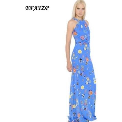 New 2016 summer Designer Runway Dress Womens Sleeveless Elegant Blue Geometry Printed XXL Maxi Long Bohemia Dress