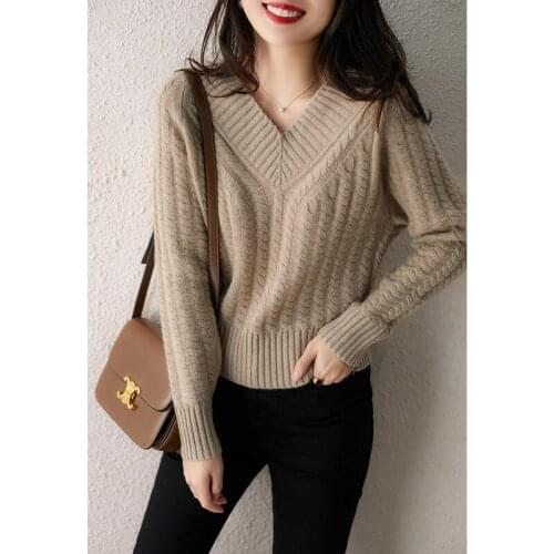 2021 autumn and winter new solid color knitted v-neck loose sweater womens fashion all-match western casual pullover top