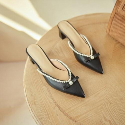 2021 Ladies Genuine Leather Slippers Med Heels Footwear Summer Fashion Outside Women Slipper Mules Shoes Size 41 42 43