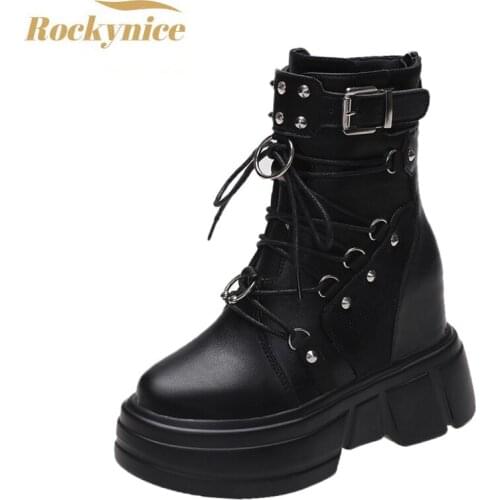 Women Autumn Ankle Boots Leather Buckle Chunky Sneakers Platform Short Punk Boots 9cm Heels Thick Bottom Winter Motorcycle Boots