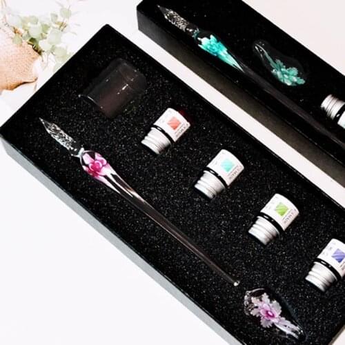 Flower Glass Dip Pen 3D Art Transparent Nib Color Ink Signature Sign Christmas Gifts Set DU55