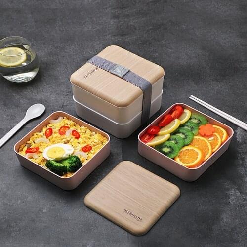 Microwave Double Layer Lunch Box 1400ml Wooden Feeling Salad Bento Box BPA Free Portable Container Box for Workers Student New