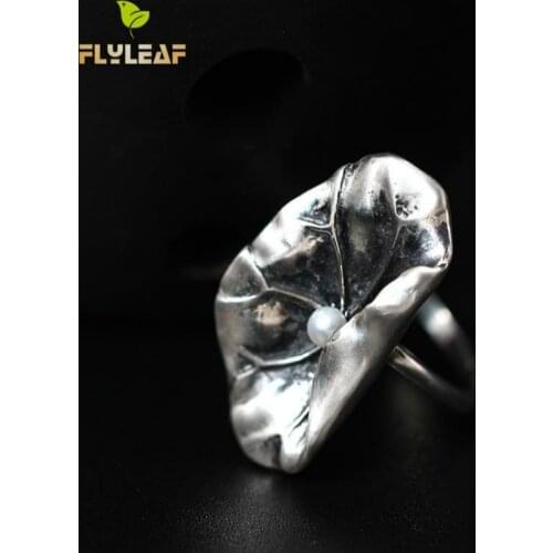Flyleaf 925 Sterling Silver Freshwater Pearl Lotus Leaf Open Rings For Women Vintage Style Lady Handmade Chinese style jewelry