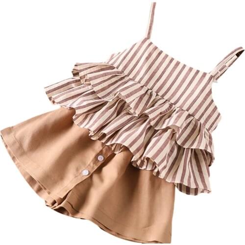 Citgeett Summer Kids Girls Two-Piece Set Fashion Striped Ruffles Suspender Tops and Solid Color Button Clothes Set