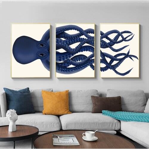 Cartoon Animal Giant Octopus Wall Art Print Decoration Picture Blue Octopus Poster Nautical Decoration Wall Living Room Nordic D