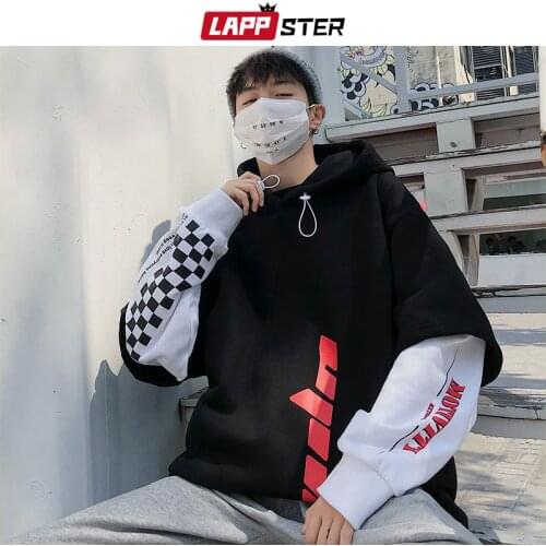 LAPPSTER Men Hip Hop Fleece Hoodies 2021 Man Winter Japanese Streetwear Sweatshirts Male Pullover Black Patchwork Hooded Hoodies