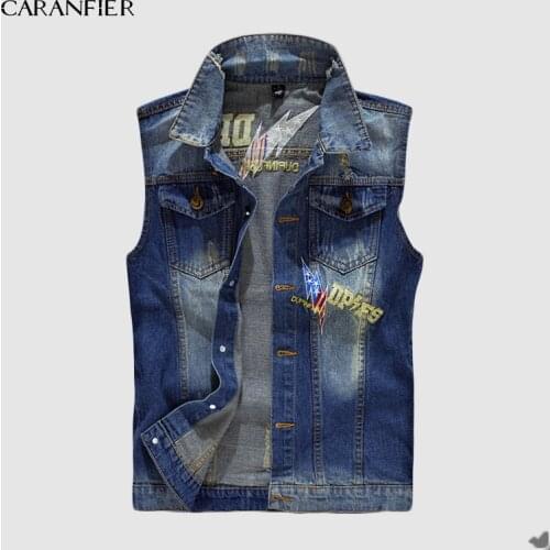CARANFIER Denim Vest Mens Punk Rock Style Rivet Cowboy Black Jeans Waistcoat Male Motorcycle Jacket Vest Sleeveless Splice Coat