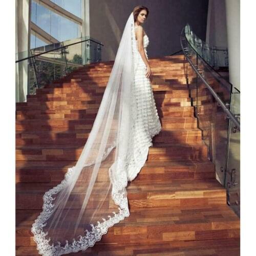 One Layer 3.5 Meters Lace Wedding Veil Cathedral Veil Bridal Accessories Veils Metal Comb